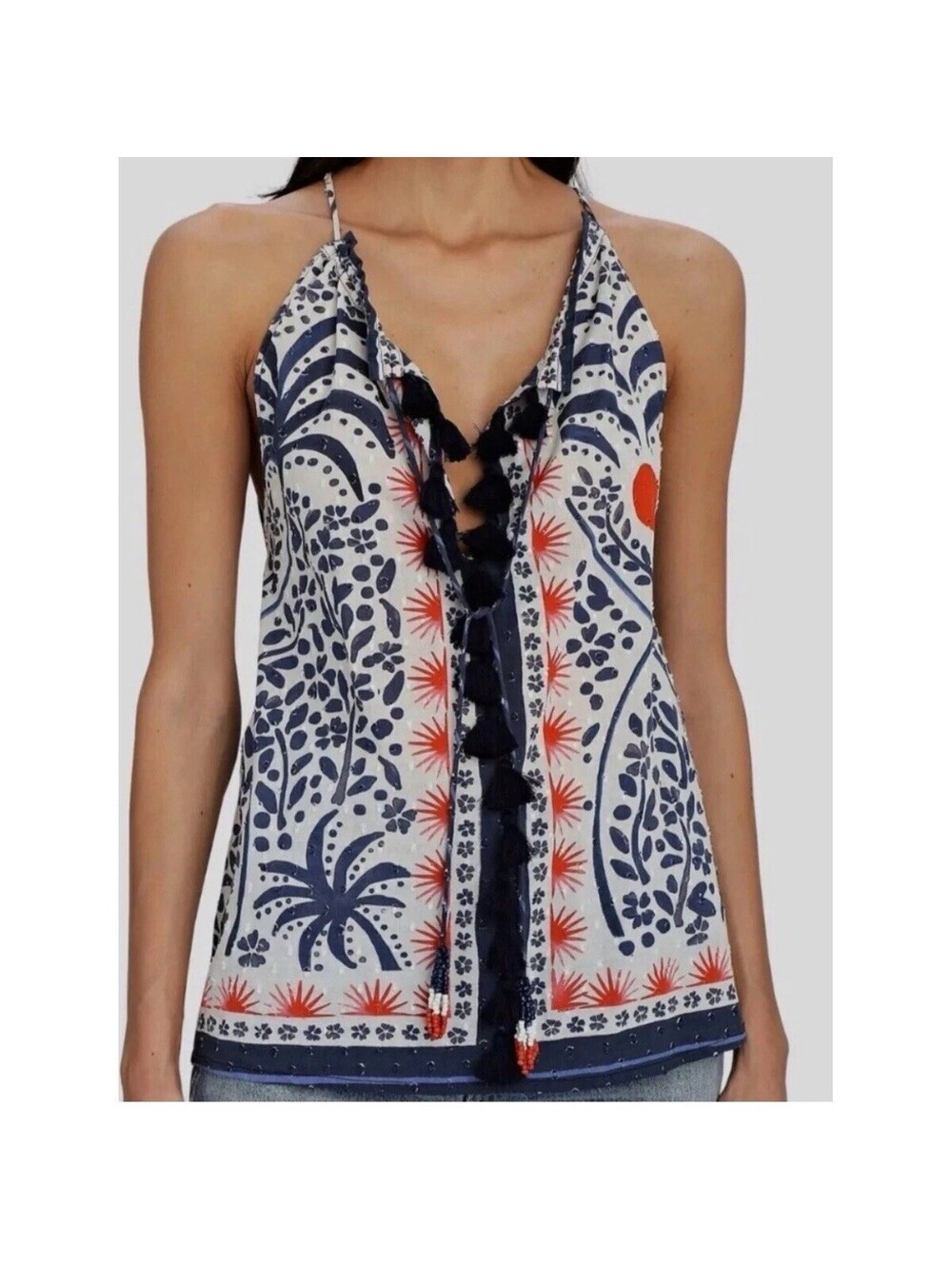 Farm Rio Afternoon Breeze Tank top Tassel print Blouse halter